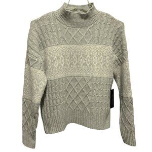 Rachel Zoe Cable Knit Fair Isle Ski Sweater LS Preppy Gray White Mock Neck Sz M